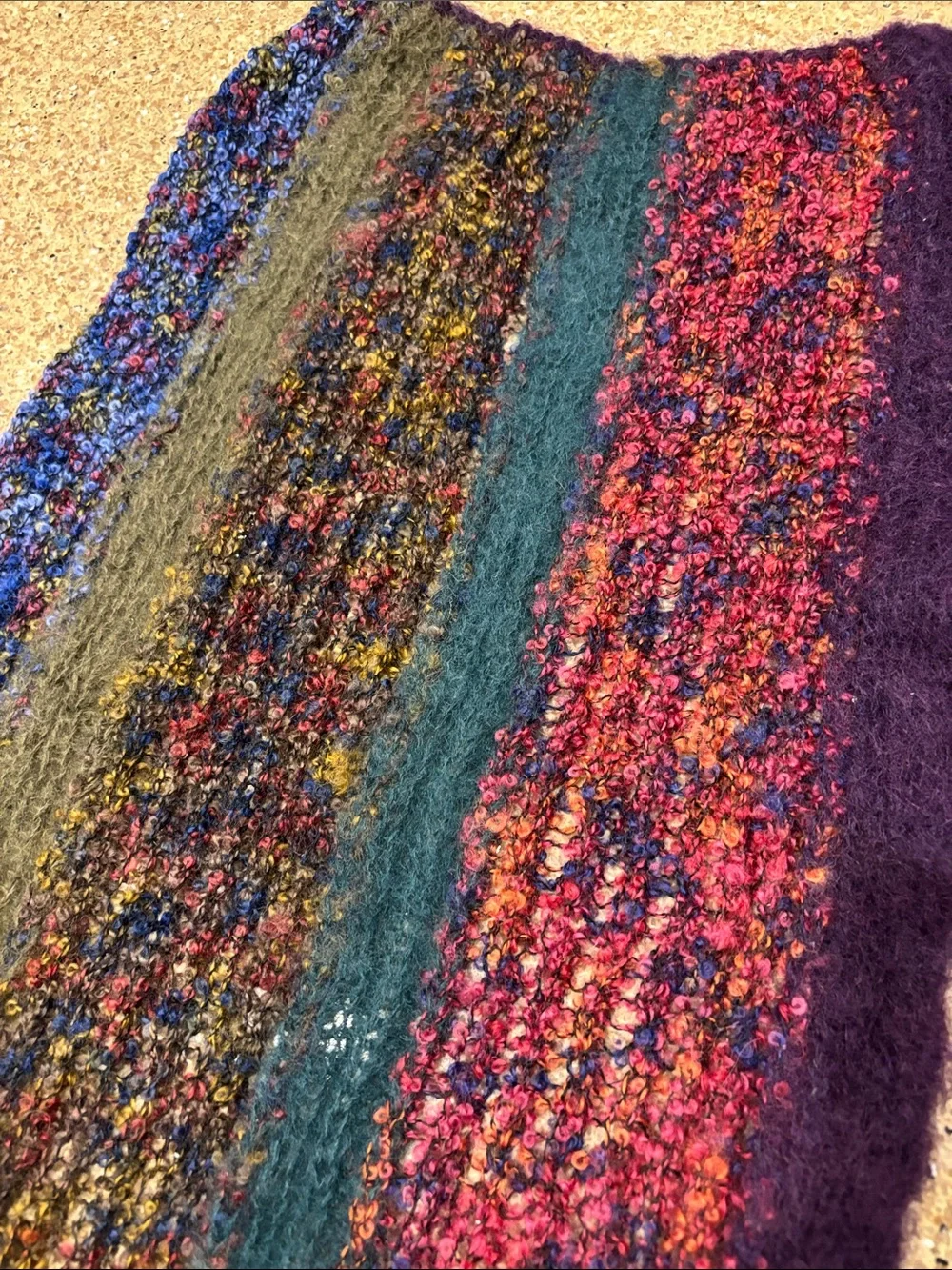 Multicolor Bouclé Knit Women's Scarf with Deep Purple & Teal Stripes